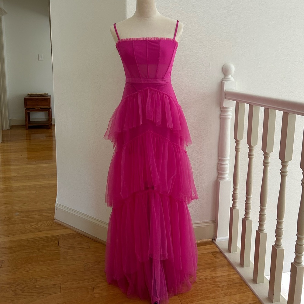 Betsy & Adam Women's Long Mesh Tiered Corset Gown Size 6 Hot Pink (Worn Once)